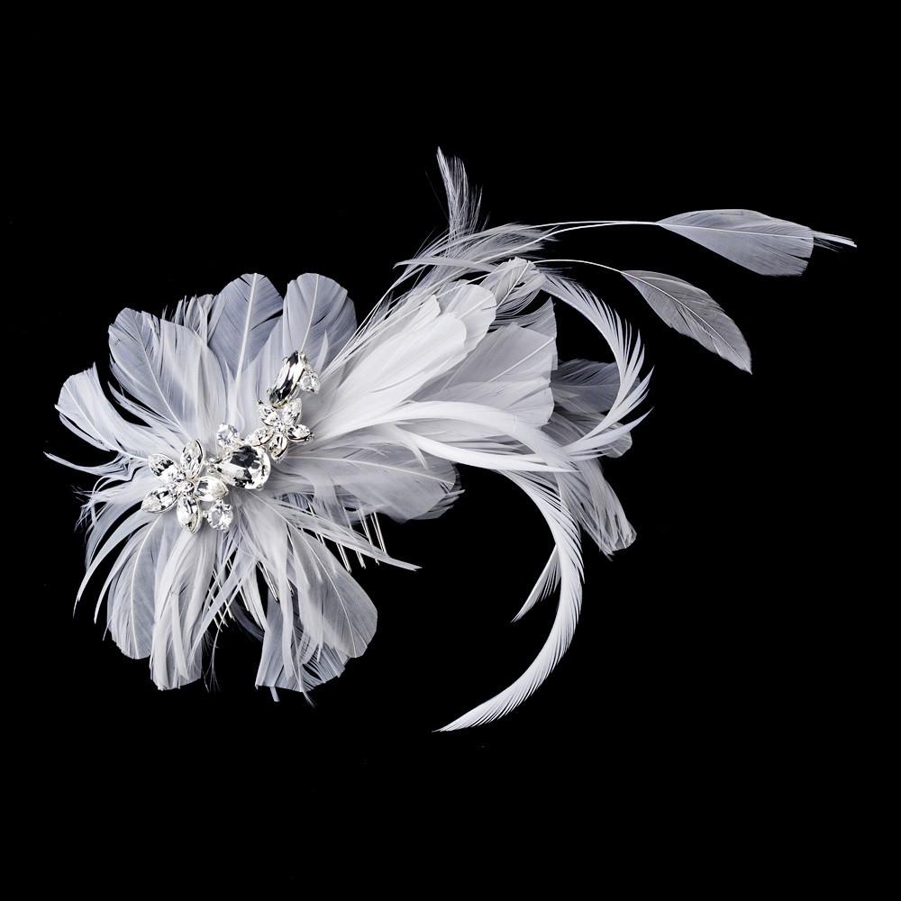 LBBA Crystal Pearl Wedding Hair Comb with Feather Plume & Silk Petals Ostrich Plume Comb / Ivory