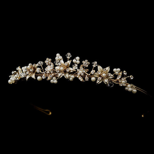 Ivory Pearl & Crystal Star Flower Bridal Tiara in Gold - La Bella Bridal Accessories