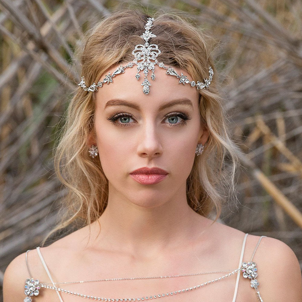 Romantic CZ Crystal Frontlet Bridal Headpiece Hair Chain  display picture 2