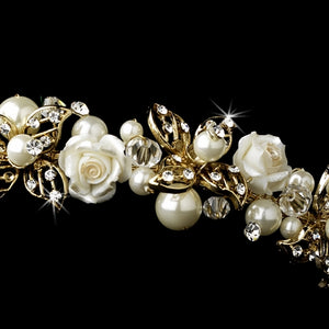 Golden Ivory Crystal and Pearl Wedding Headband - La Bella Bridal Accessories