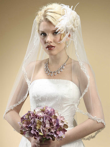 Shimmering Mantilla Bridal Veil, Crystal Lace Trim