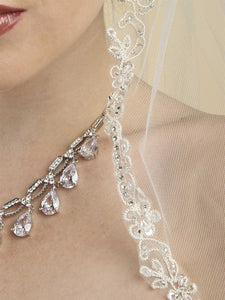 Shimmering Mantilla Bridal Veil, Crystal Lace Trim