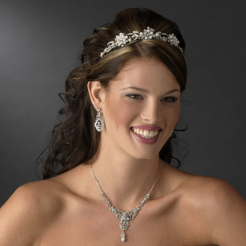 Divine Antique Silver Crystal & Ivory Pearl Flower Headpiece