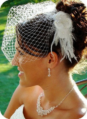 Crystal Pearl Wedding Hair Comb with Feather Plume & Silk Petals
