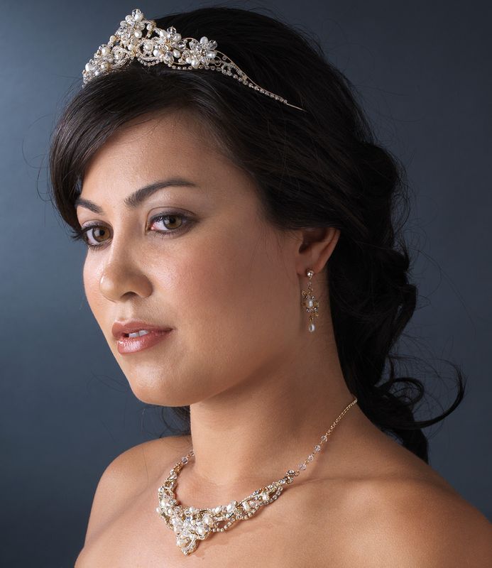 Light Gold Swarovski Crystal & Freshwater Pearl Tiara Bridal Jewelry Set