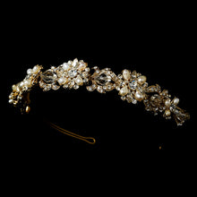 gold-swarovski-crystal-freshwater-pearl-bridal-headband, bridal headpiece, tiara, golden headband