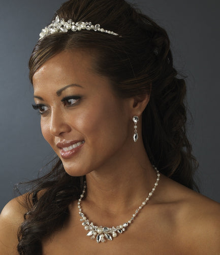Gorgeous Bridal Pearl & Swarovski Crystal Necklace Earring Set