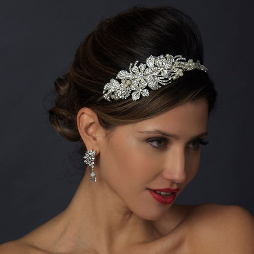 Silver Ivory Pearl & Crystal Flower Side Accented Headband Headpiece