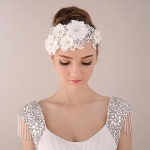 Beautiful Lace Appliqué Crystal & Pearl Flower Wedding headpiece - La Bella Bridal Accessories