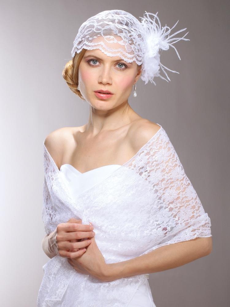 White Lace Juliet Veil Bridal Cap with Flower & Ostrich Feathers - La Bella Bridal Accessories