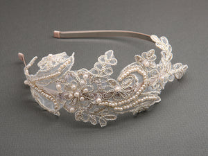 Vintage White Lace Headband with Pearls Sequins - La Bella Bridal Accessories