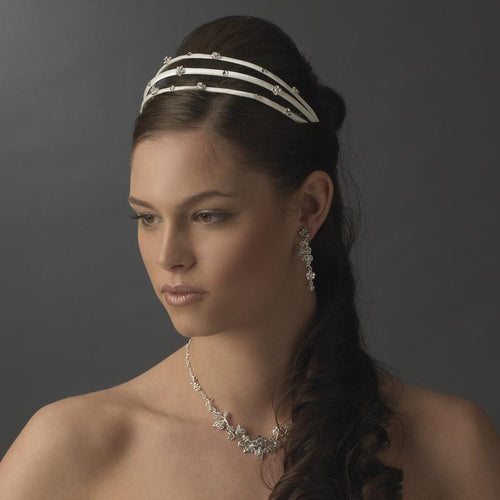 Charming 3 Row White Flower Crystal Bridal Headband - La Bella Bridal Accessories