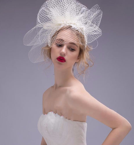 Stunning Modern French Net, Pearl Crystal & Lace Wedding Veil - La Bella Bridal Accessories