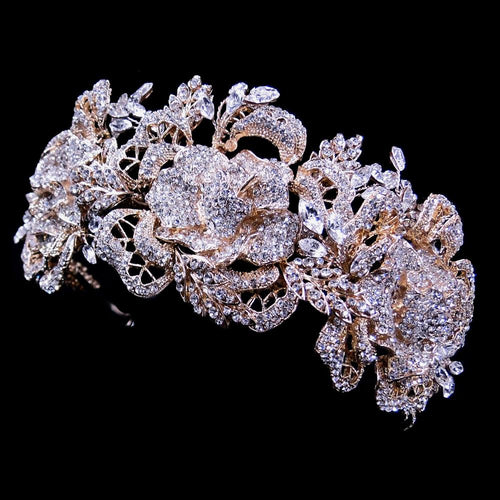 Big Gorgeous Gold or Silver Floral Crystal Bridal Headband - La Bella Bridal Accessories