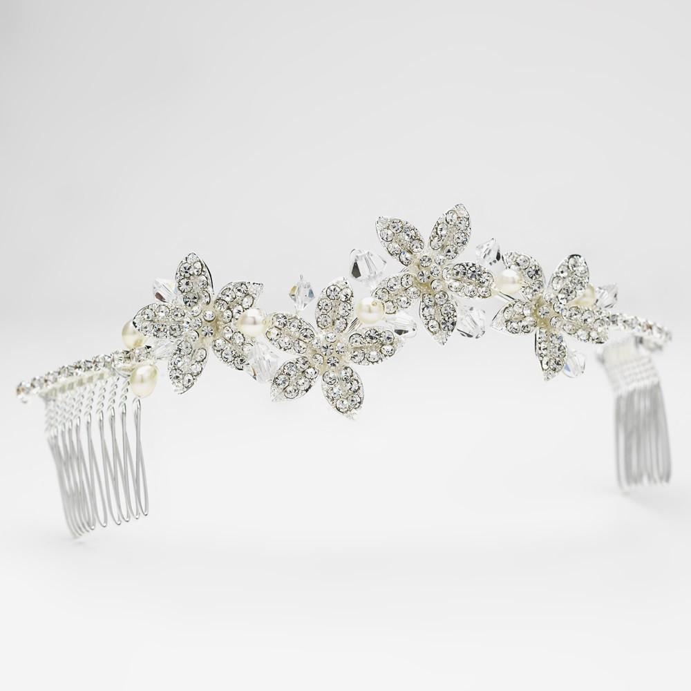 Silver White Pearl & Crystal Accent Floral Comb - La Bella Bridal Accessories