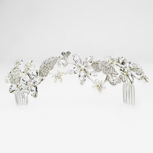 Silver Crystal & Pearl Floral Vine Headband - La Bella Bridal Accessories