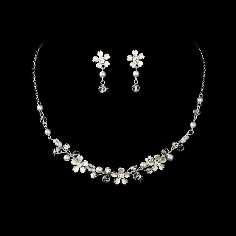 Beautiful Crystal & White Pearl Flower Necklace & Earring Set - La Bella Bridal Accessories