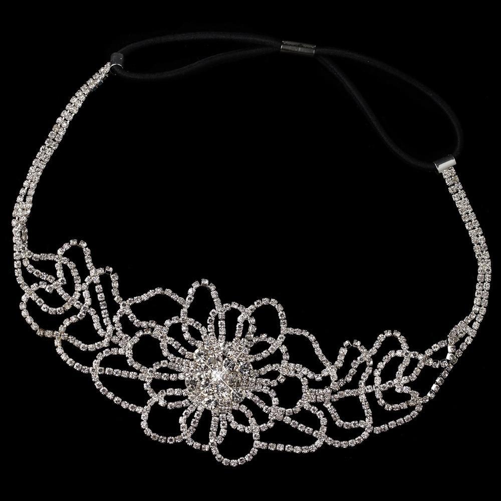 Silver Crystal Floral Hair Elastic Headband 369 - La Bella Bridal Accessories