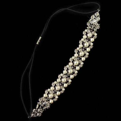 Rhodium Diamond White Pearl & Crystal Black Elastic Headband - La Bella Bridal Accessories