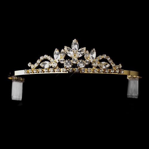Gold Navette & Round Crystal Tiara Headpiece - La Bella Bridal Accessories