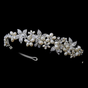 Silver Ivory Pearl & Crystal Floral Side Accented Bridal Headpiece - La Bella Bridal Accessories