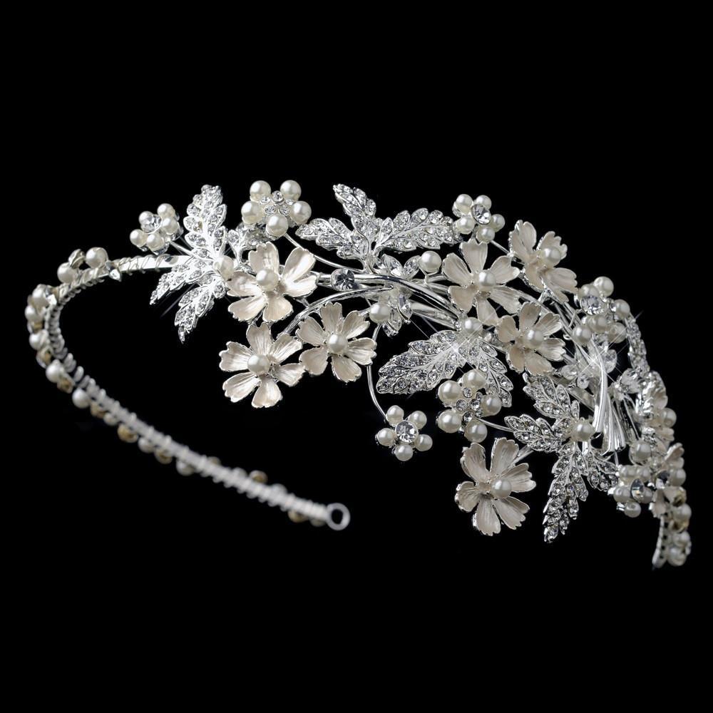 Light Silver Crystal & Ivory Pearl Floral Side Headband - La Bella Bridal Accessories