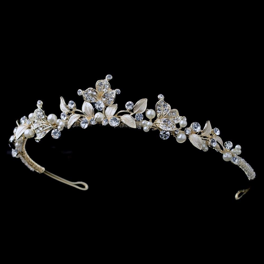 Light Gold Crystal & Ivory Pearl Tiara - La Bella Bridal Accessories