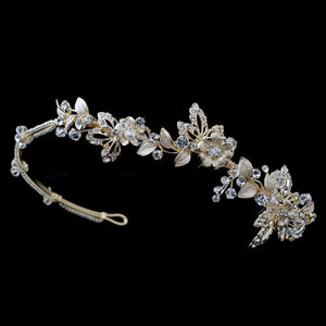Light Gold Crystal Floral Side Headband Headpiece - La Bella Bridal Accessories