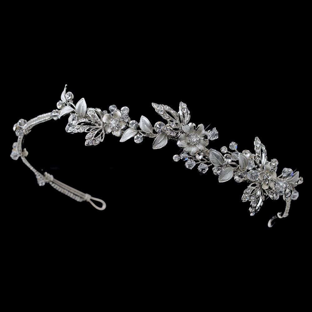 Silver Crystal Floral Side Headband Headpiece - La Bella Bridal Accessories