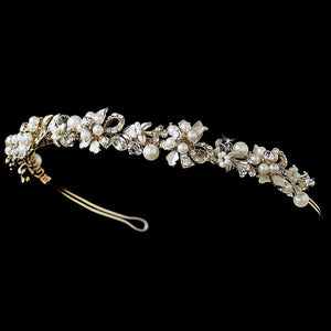 Elegant Gold Flower Leaf Garden Pearl Crystal Pearl Headband - La Bella Bridal Accessories