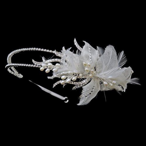 Antique Silver Ivory Pearl & Crystal Floral Feather Fabric Side Accented Bridal Feather Headband - La Bella Bridal Accessories