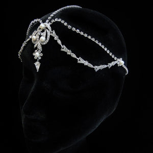 Antique Silver Diamond White Pearl & Crystal Teardrop Forehead Headpiece - La Bella Bridal Accessories