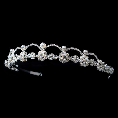 Silver White Pearl & Crystal Headpiece - La Bella Bridal Accessories