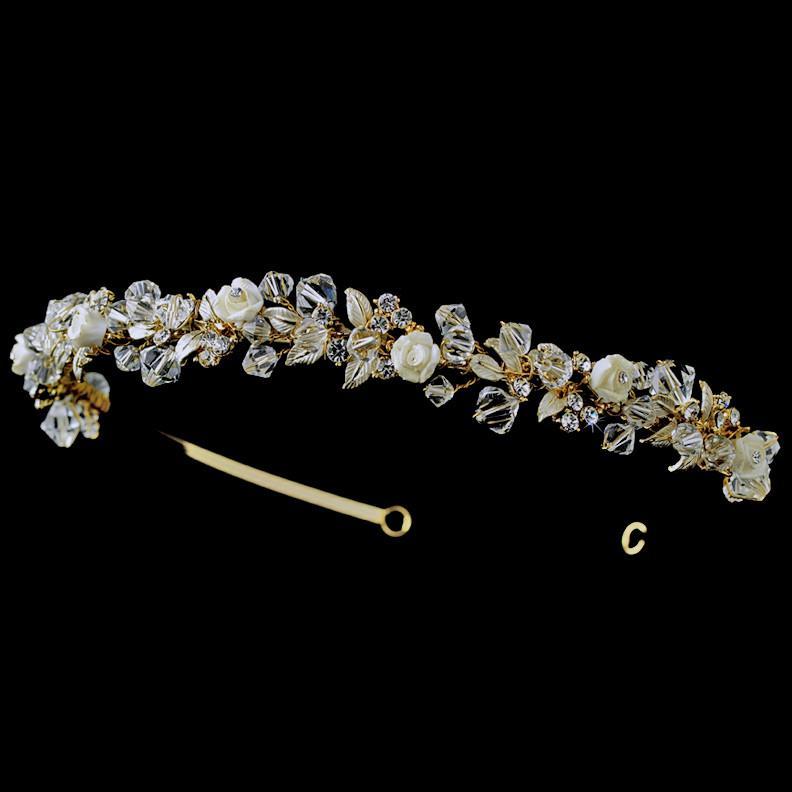 Precious Gold Crystal & Ivory Flower Headpiece - La Bella Bridal Accessories