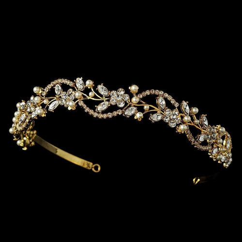 Crystal and Pearl Gold Bridal Headband - La Bella Bridal Accessories