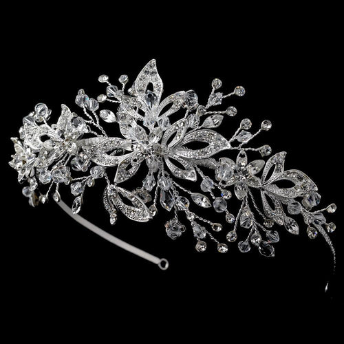 Silver Swarovski Crystal Bead & Crystal Side Accented Headband - La Bella Bridal Accessories