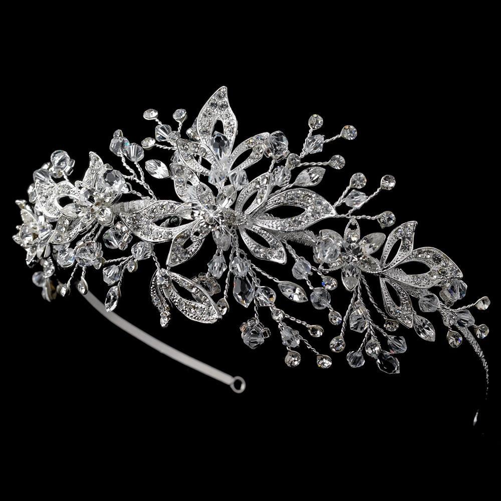 Silver Swarovski Crystal Bead & Crystal Side Accented Headband - La Bella Bridal Accessories