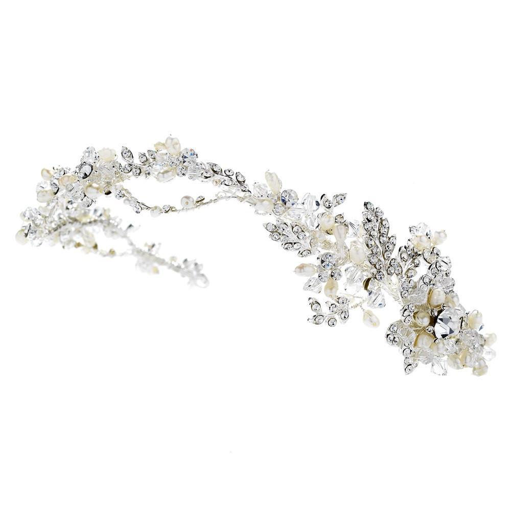 Elegant Pearl & Crystal Headband Side Accent Hair Vine - La Bella Bridal Accessories