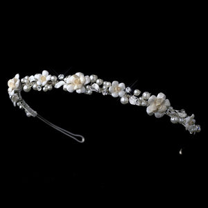 Ivory Porcelain Pearl Flower Bridal Headband - La Bella Bridal Accessories