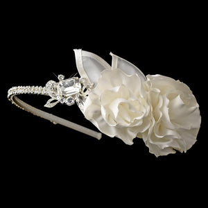 Silk Flower Crystal Encrusted Side Accented Bridal Headband - La Bella Bridal Accessories