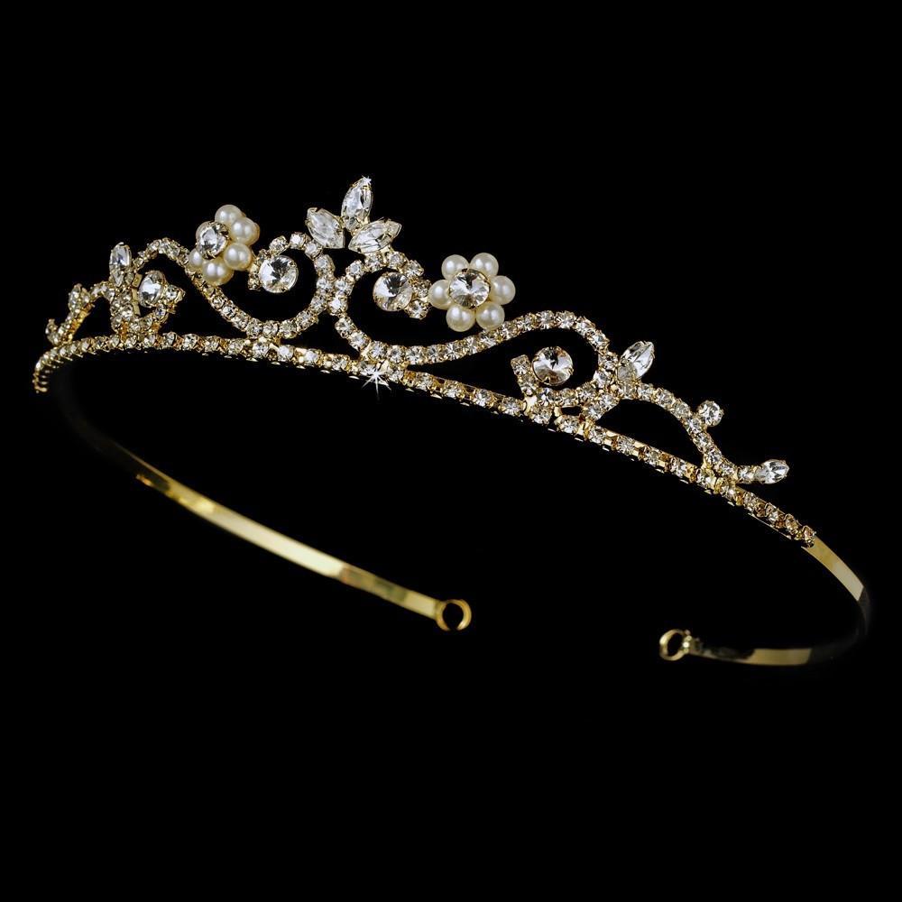 Crystal & Pearl Golden Bridal Tiara - La Bella Bridal Accessories