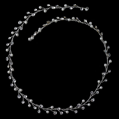 Silver Crystal & Pearl Vine Elastic Headband - La Bella Bridal Accessories