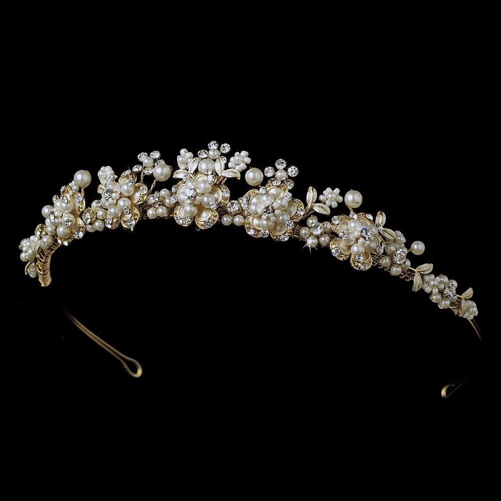 Elegant Pearl & Crystal Gold Bridal Tiara - La Bella Bridal Accessories
