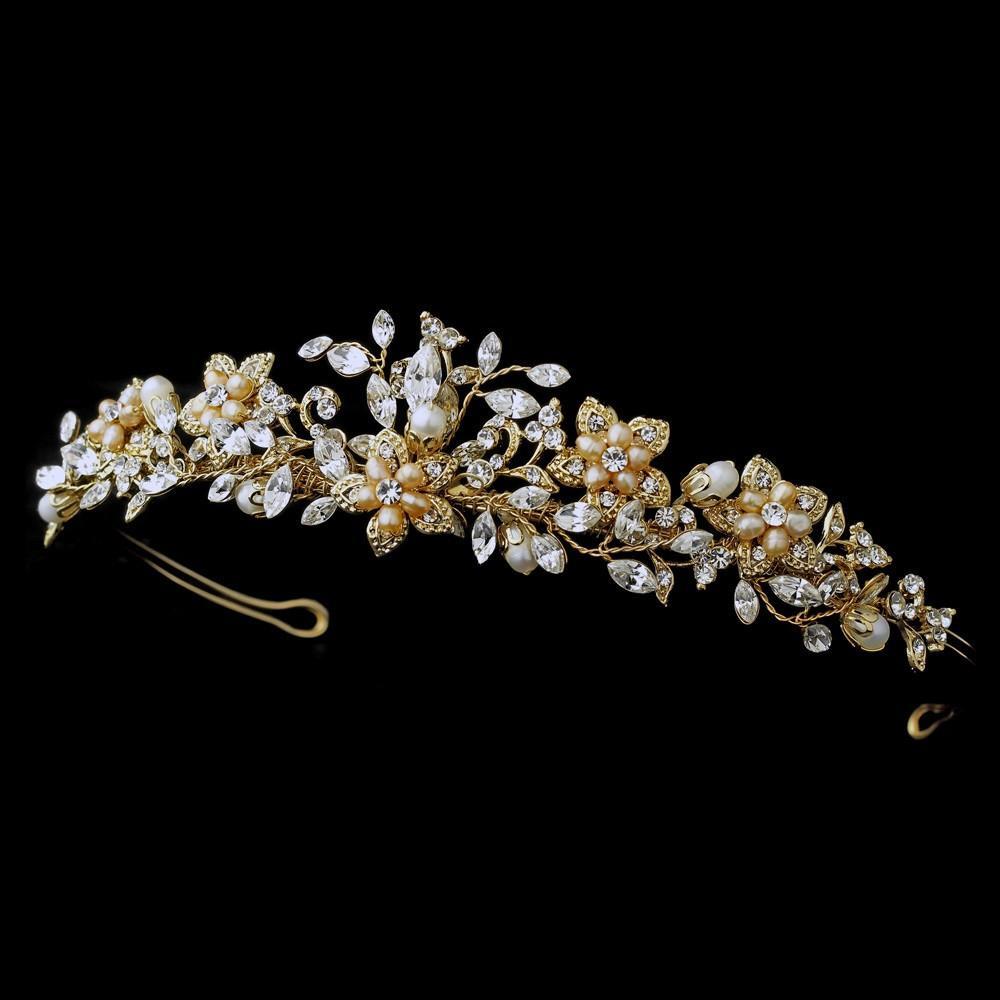 Gold plated blush pearl & crystal Tiara - La Bella Bridal Accessories