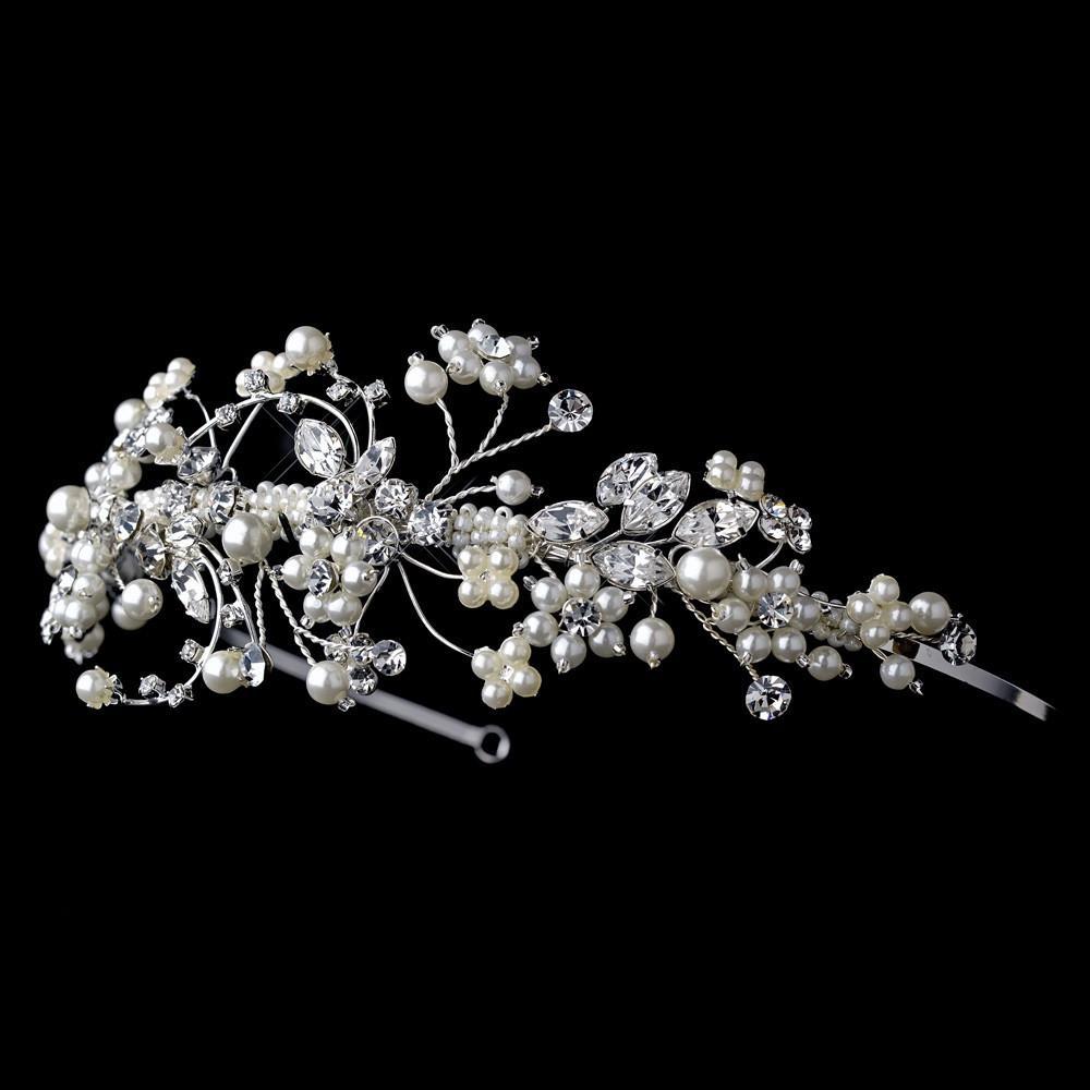 Ivory Pearl & Crystal Accented Side Bridal Tiara - La Bella Bridal Accessories