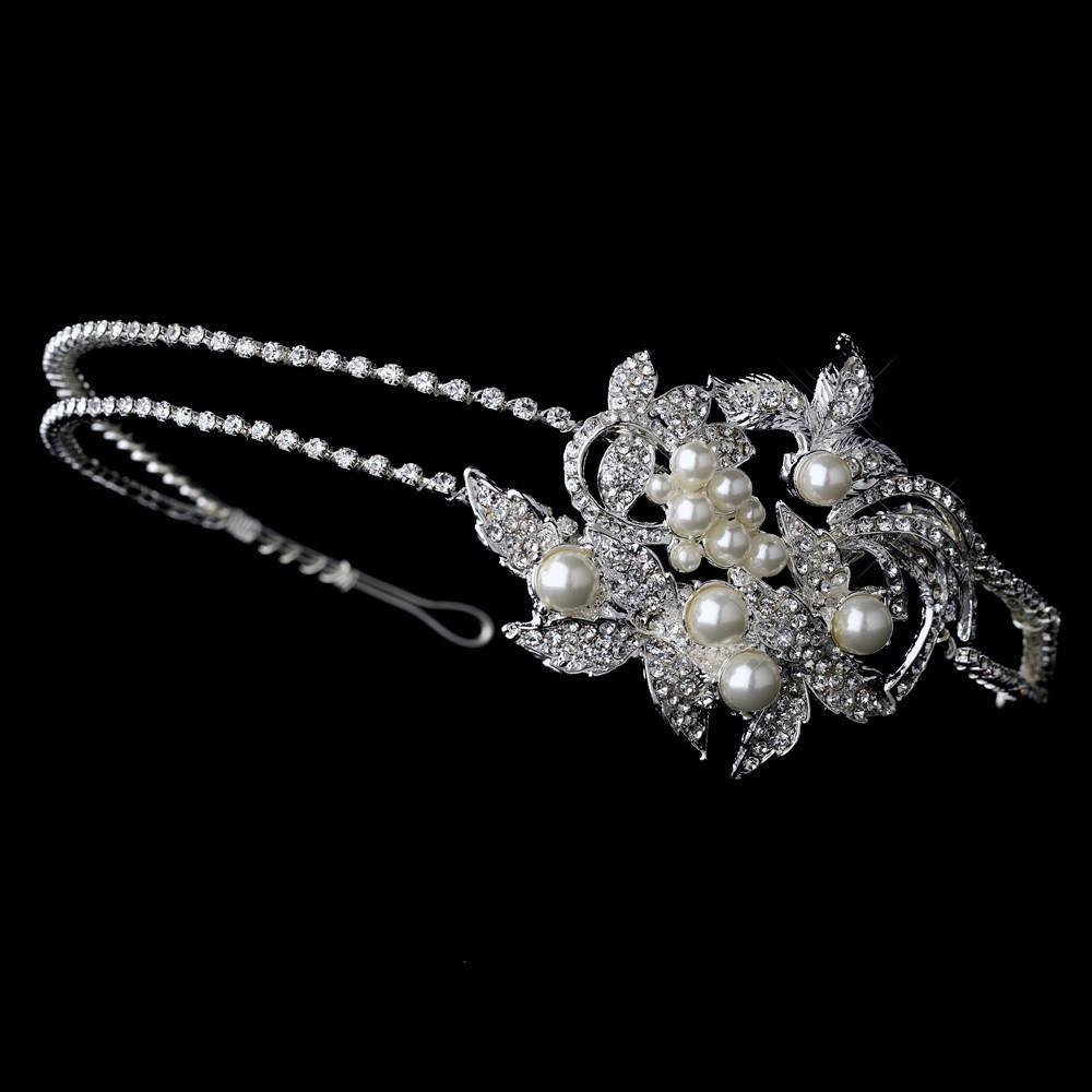 Crystal & Pearl Side Accented Double Row Bridal Headband - La Bella Bridal Accessories