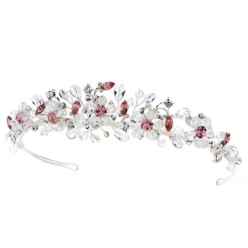 Crystal Bridal Tiara with Pink Accents - La Bella Bridal Accessories