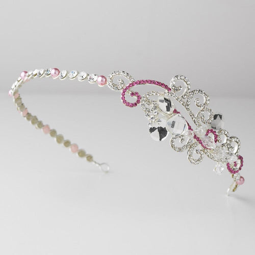 Pink Crystal Bridal Tiara Headband with Side Ornament - La Bella Bridal Accessories