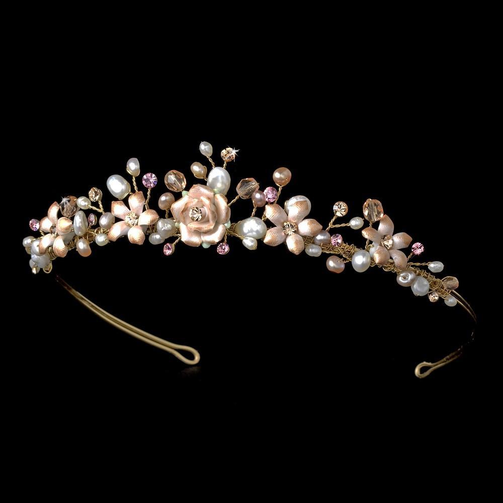 Gold Dusty Pink Porcelain Wedding Tiara - La Bella Bridal Accessories