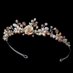 Blush Color Porcelain Pearl Floral Wedding Tiara - La Bella Bridal Accessories